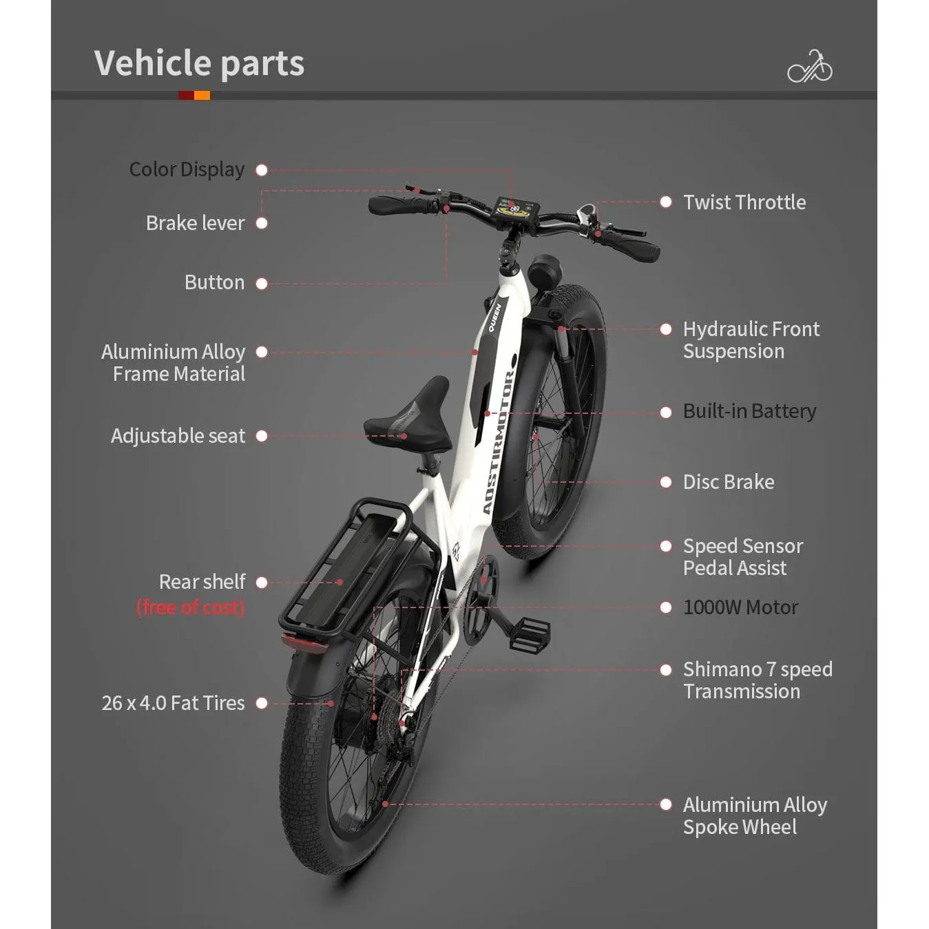 Aostirmotor Queen 1000W 52V All Terrain Step-Thru  Fat Tire Electric Bike