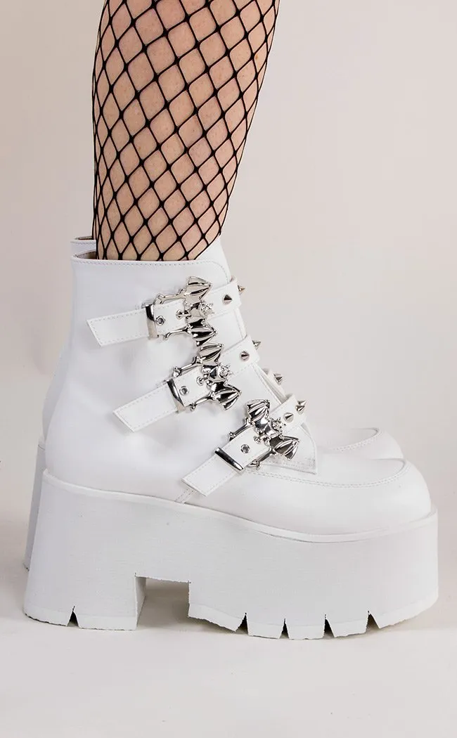 ASHES-55 White Vegan Leather Bat Buckle Platform Ankle Boots