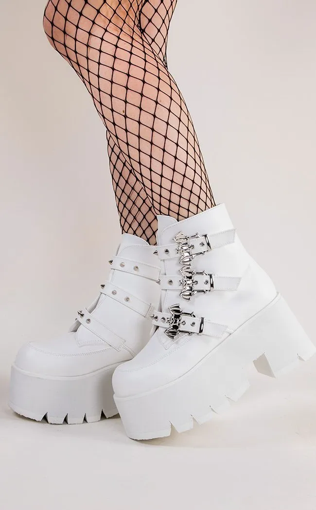 ASHES-55 White Vegan Leather Bat Buckle Platform Ankle Boots