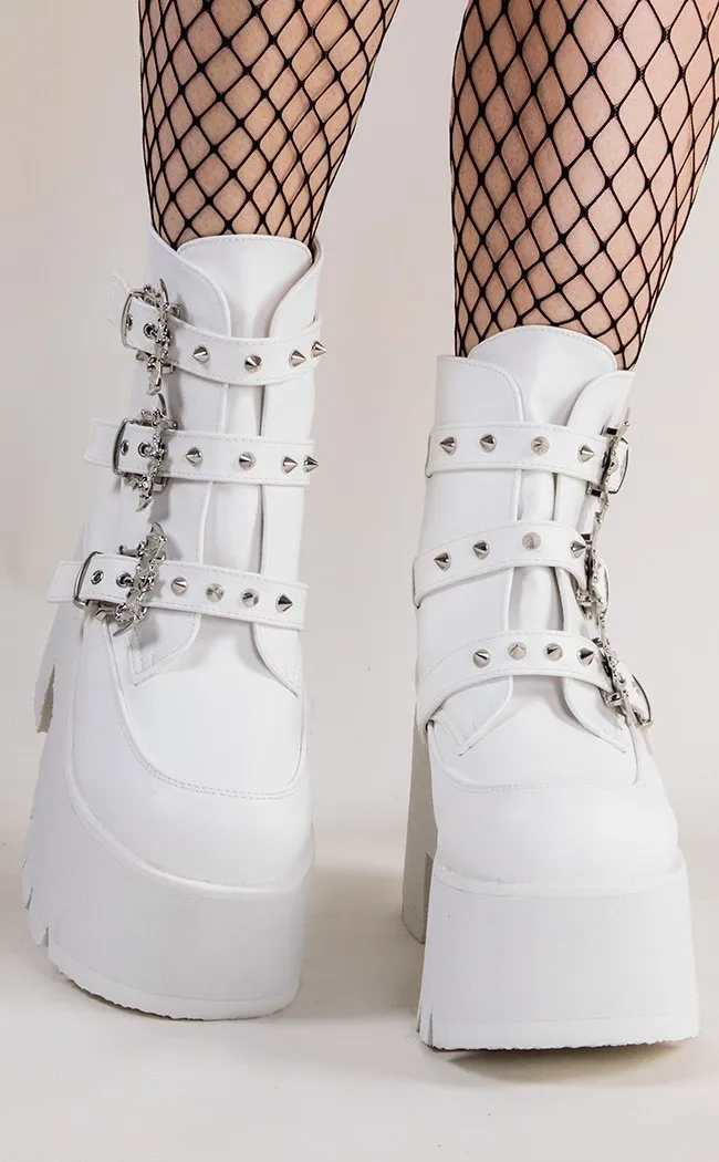 ASHES-55 White Vegan Leather Bat Buckle Platform Ankle Boots