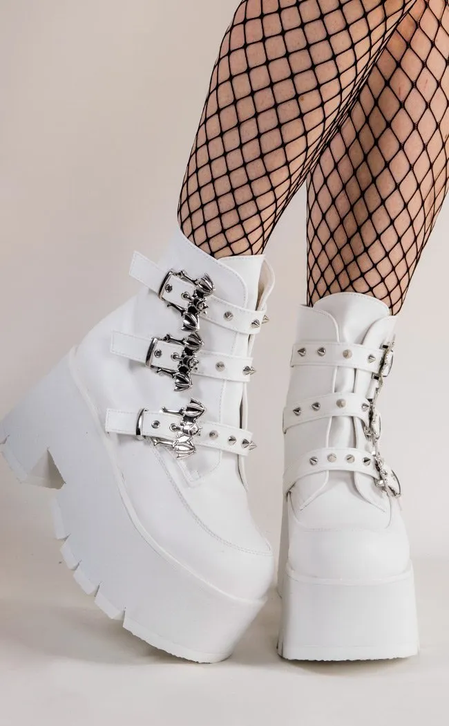 ASHES-55 White Vegan Leather Bat Buckle Platform Ankle Boots