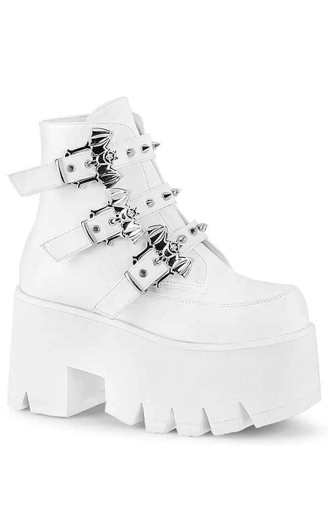 ASHES-55 White Vegan Leather Bat Buckle Platform Ankle Boots