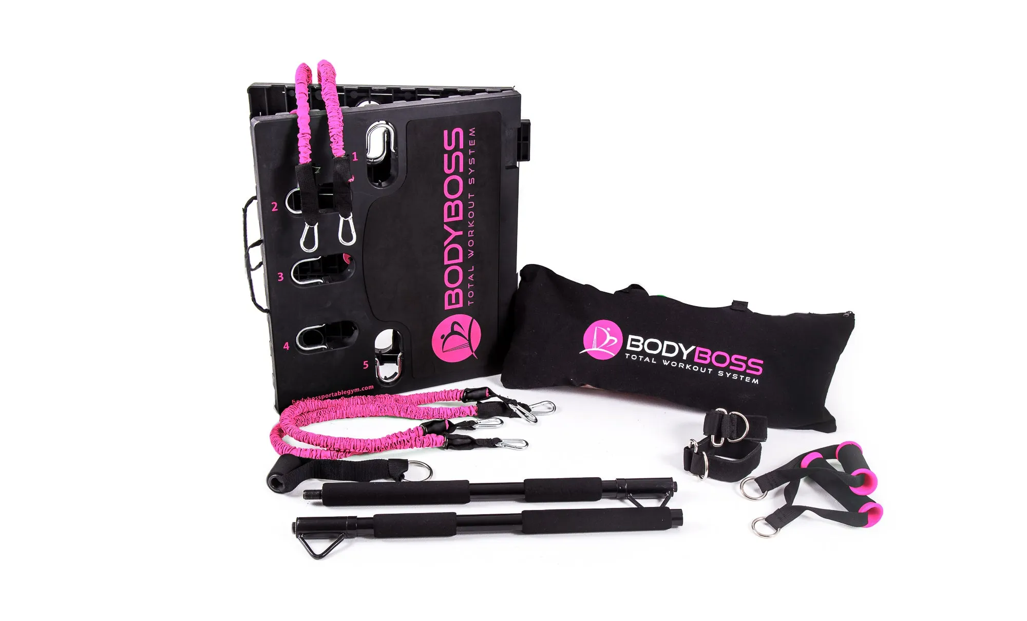 BodyBoss Home Gym 2.0 - Full Portable Gym Home   Extra Bands Workout Package, Pink