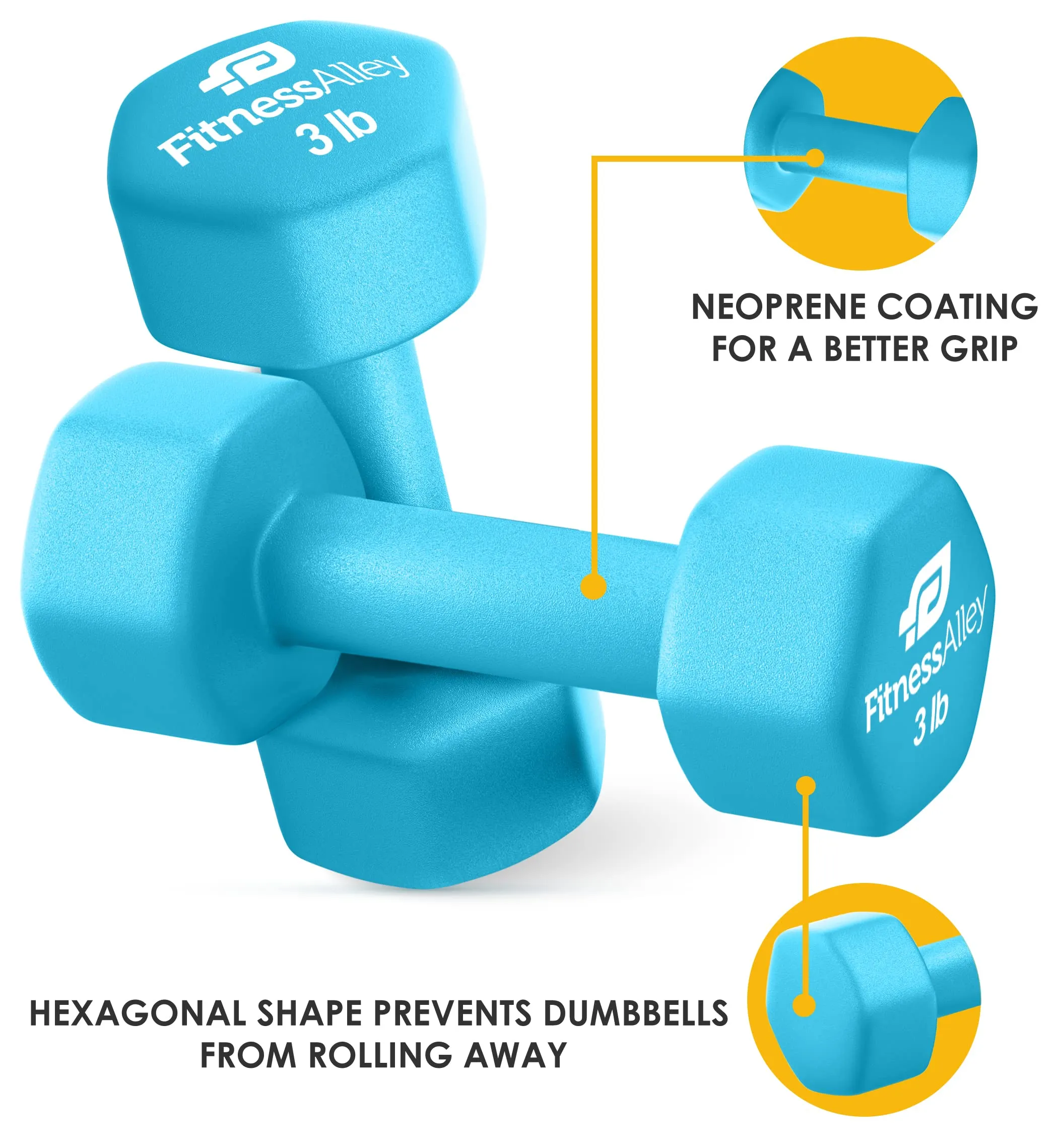 Fitness Alley 3lb Neoprene Dumbbell Set Non Slip Light Blue Hand Weights