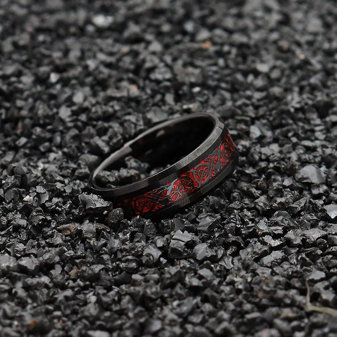 His & Her 6mm/8mm Red Carbon Fiber Black Celtic Dragon Tungsten Carbide Wedding Bands Set