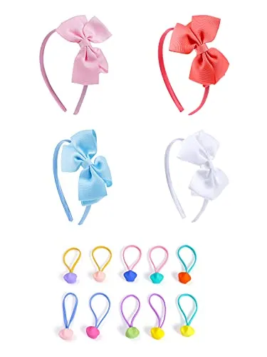 Melbees by Yellow Chimes Combo Set of 14 Bow Hair Bands and Heart Charm Hair Ties Ponytail Holders with Nice Box for Kids Girls Hair Accessories (Pack of 14), Multi-Color, Medium