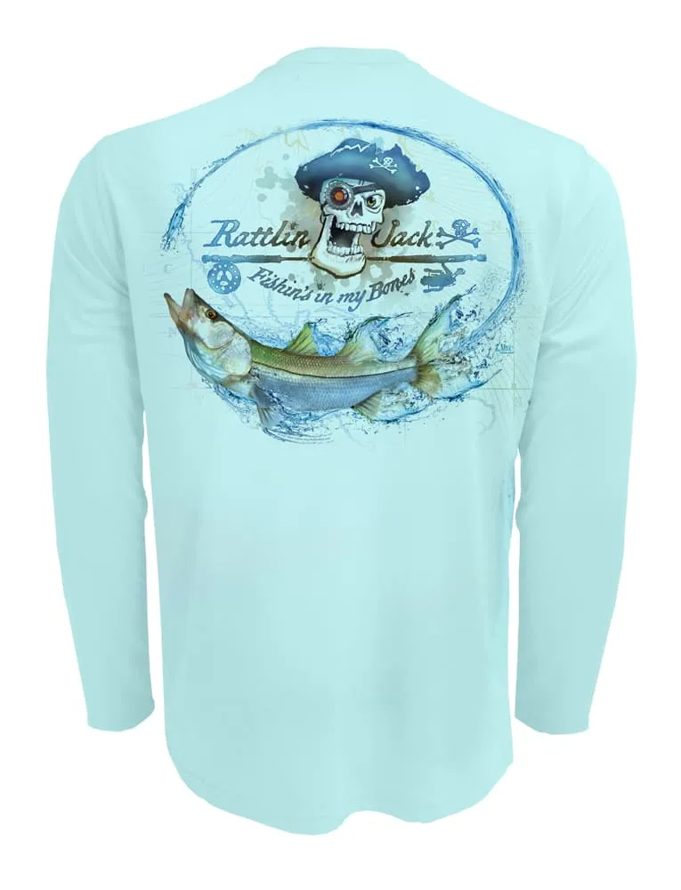 Men's UV Skull Logo Snook Fishing Shirt by Rattlin Jack | Long Sleeve | UPF 50 Sun Protection | Performance Polyester Rash Guard |