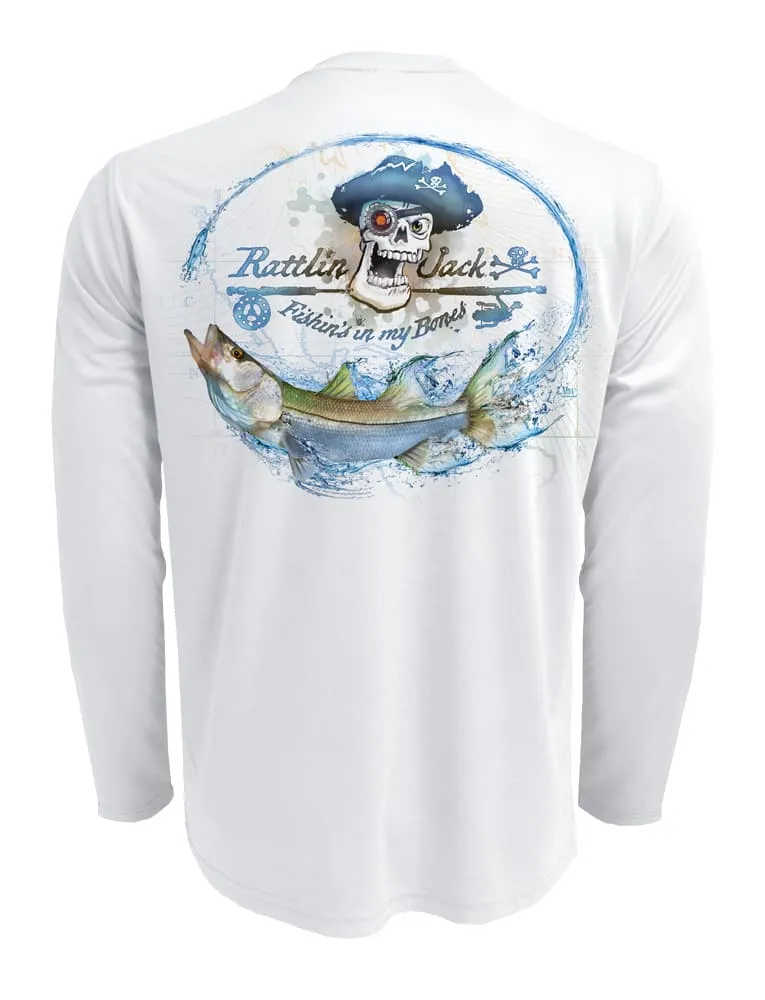 Men's UV Skull Logo Snook Fishing Shirt by Rattlin Jack | Long Sleeve | UPF 50 Sun Protection | Performance Polyester Rash Guard |