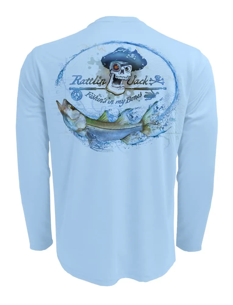 Men's UV Skull Logo Snook Fishing Shirt by Rattlin Jack | Long Sleeve | UPF 50 Sun Protection | Performance Polyester Rash Guard |