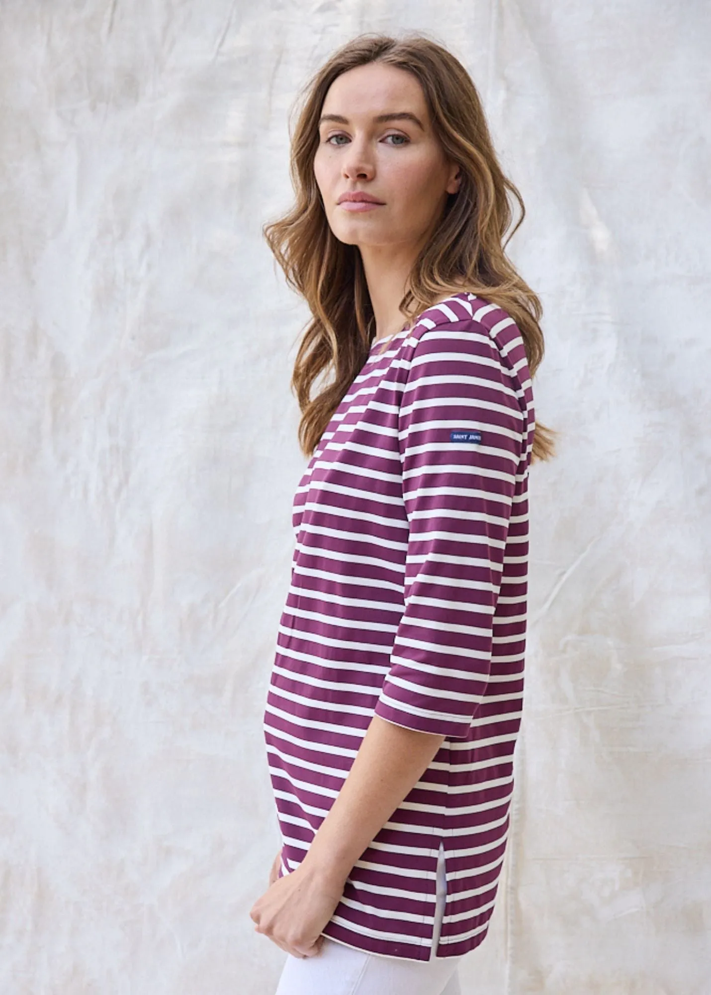 PHARE - Boat Neck Striped Tunic with Slits | Stretch fabric with UV Protection (PLUM / IVORY)