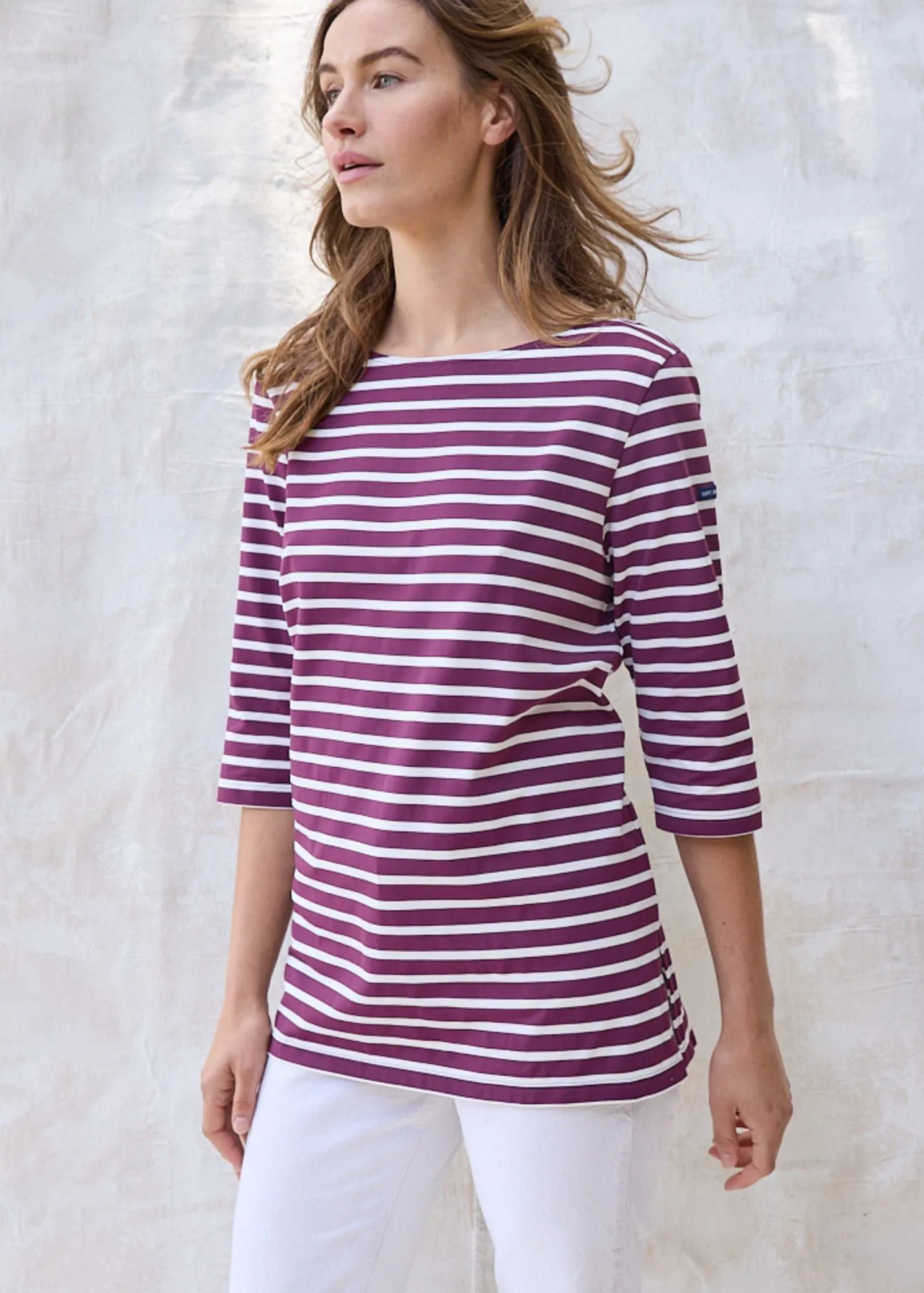 PHARE - Boat Neck Striped Tunic with Slits | Stretch fabric with UV Protection (PLUM / IVORY)