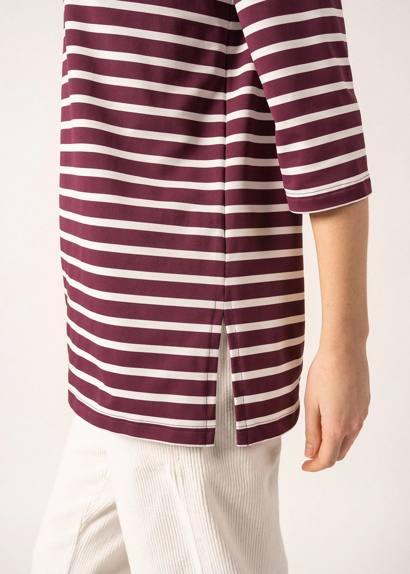 PHARE - Boat Neck Striped Tunic with Slits | Stretch fabric with UV Protection (PLUM / IVORY)