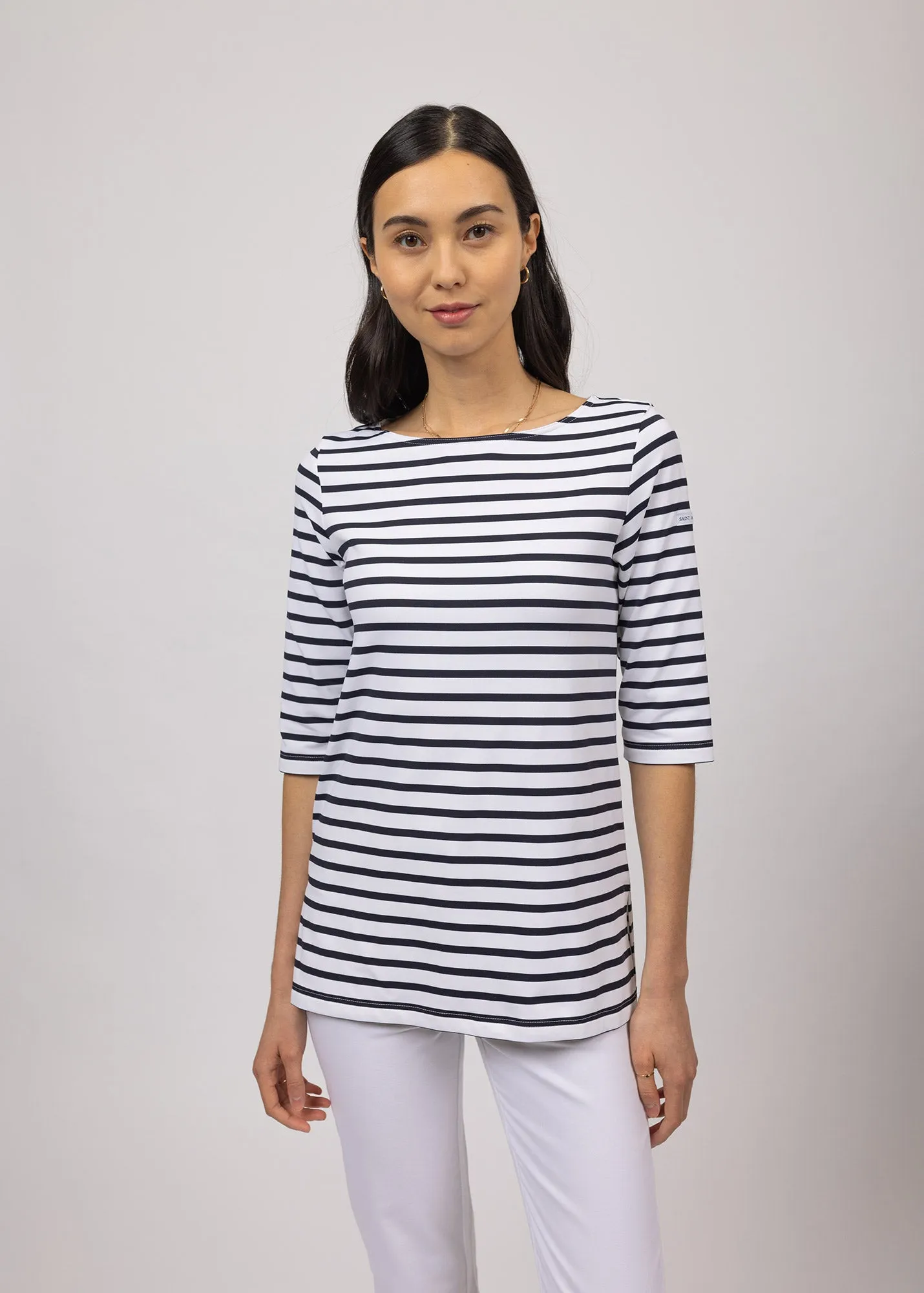 PHARE - Boat Neck Striped Tunic with Slits | Stretch fabric with UV Protection (WHITE / NAVY)