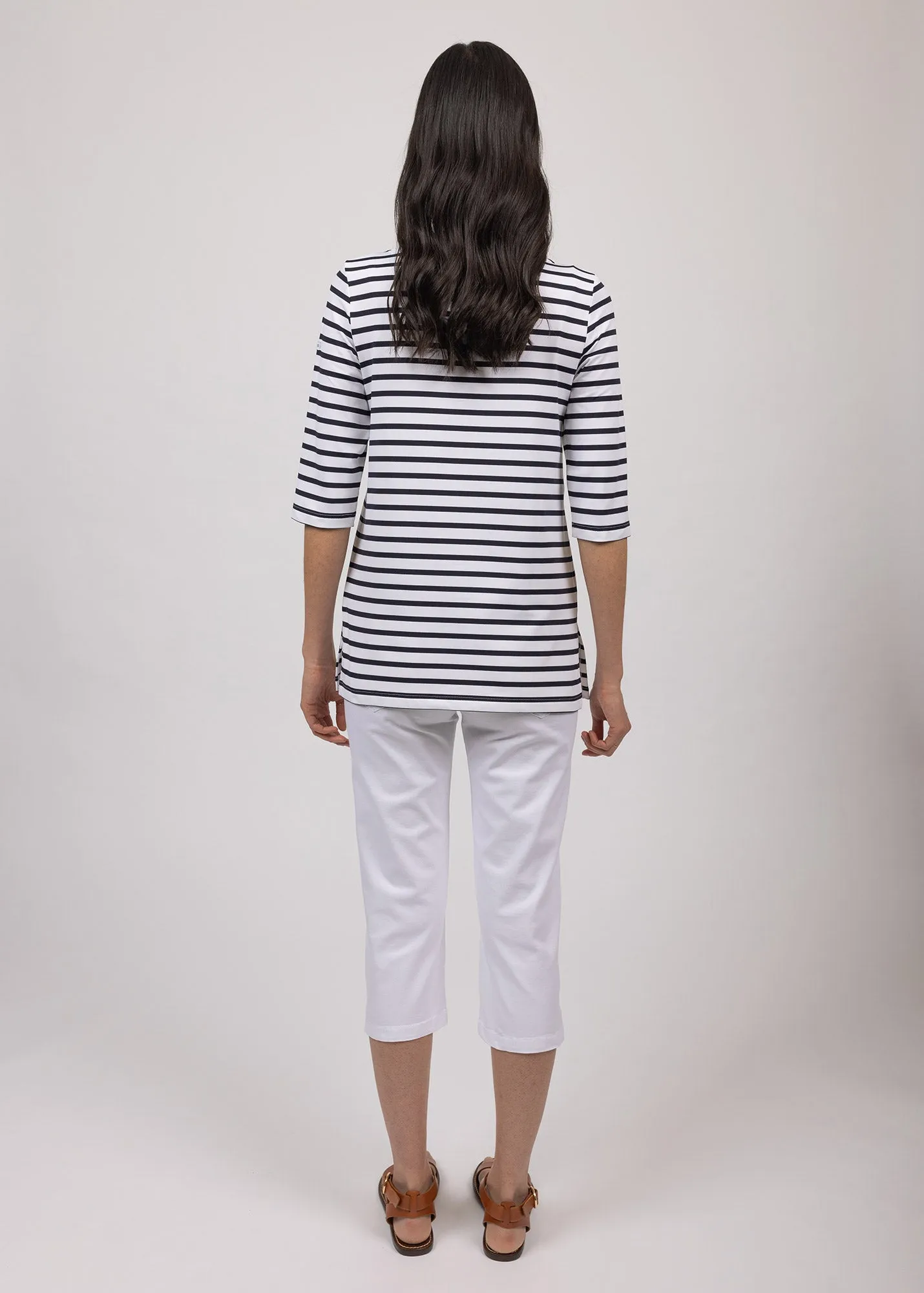 PHARE - Boat Neck Striped Tunic with Slits | Stretch fabric with UV Protection (WHITE / NAVY)