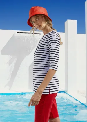 PHARE - Boat Neck Striped Tunic with Slits | Stretch fabric with UV Protection (WHITE / NAVY)