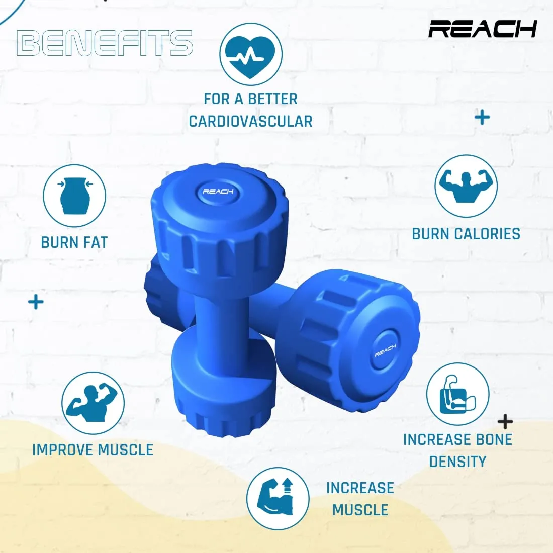 Reach PVC Dumbbell Set Weights| Pack of 2 For Strength Training Home Gym Fitness & Full Body Workout | Easy Grip & Anti- slip Dumbbell for Weight loss (2kg, Blue)