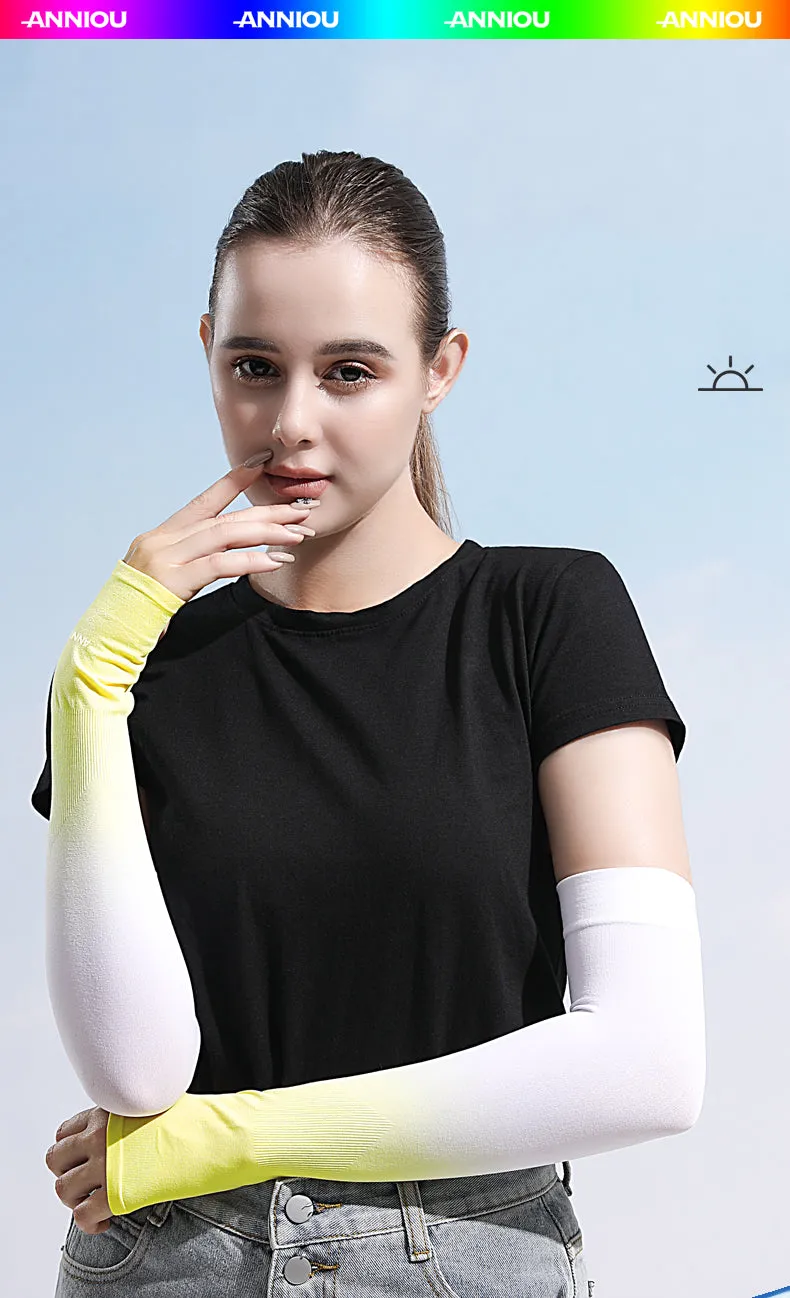 Sidiou Group Gradient Color Summer Ice Silk Arm Sleeves with Finger Slot for Girls UV Protection Driving Cycling Anti-mosquito Arm Sleeves