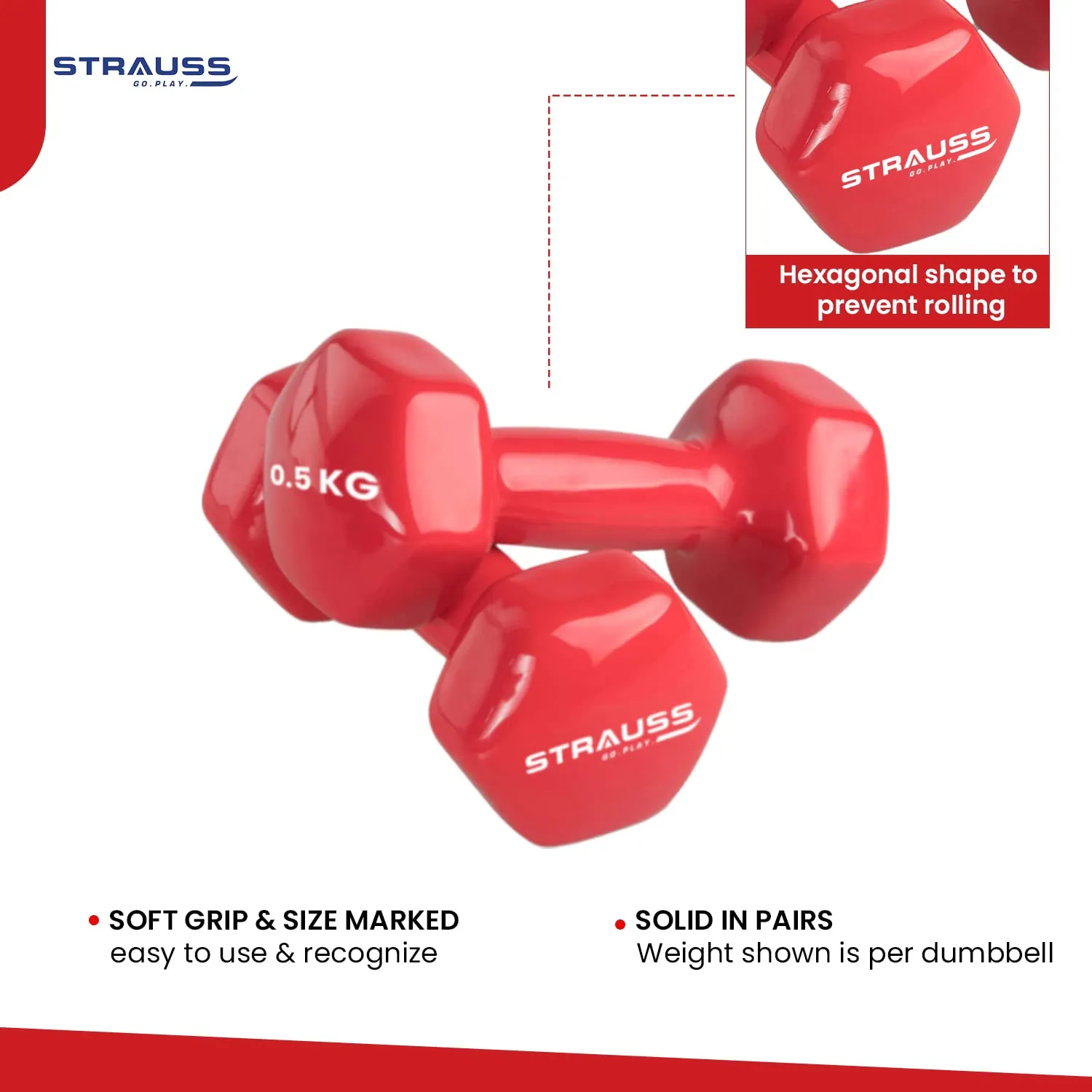 Strauss Premium Vinyl Dumbbells Weight for Men & Women | 1.5 Kg (Each) | 3 Kg (Pair) | Ideal for Home Workout, Yoga, Pilates, Gym Exercises | Non-Slip, Easy to Hold, Scratch Resistant (Red)