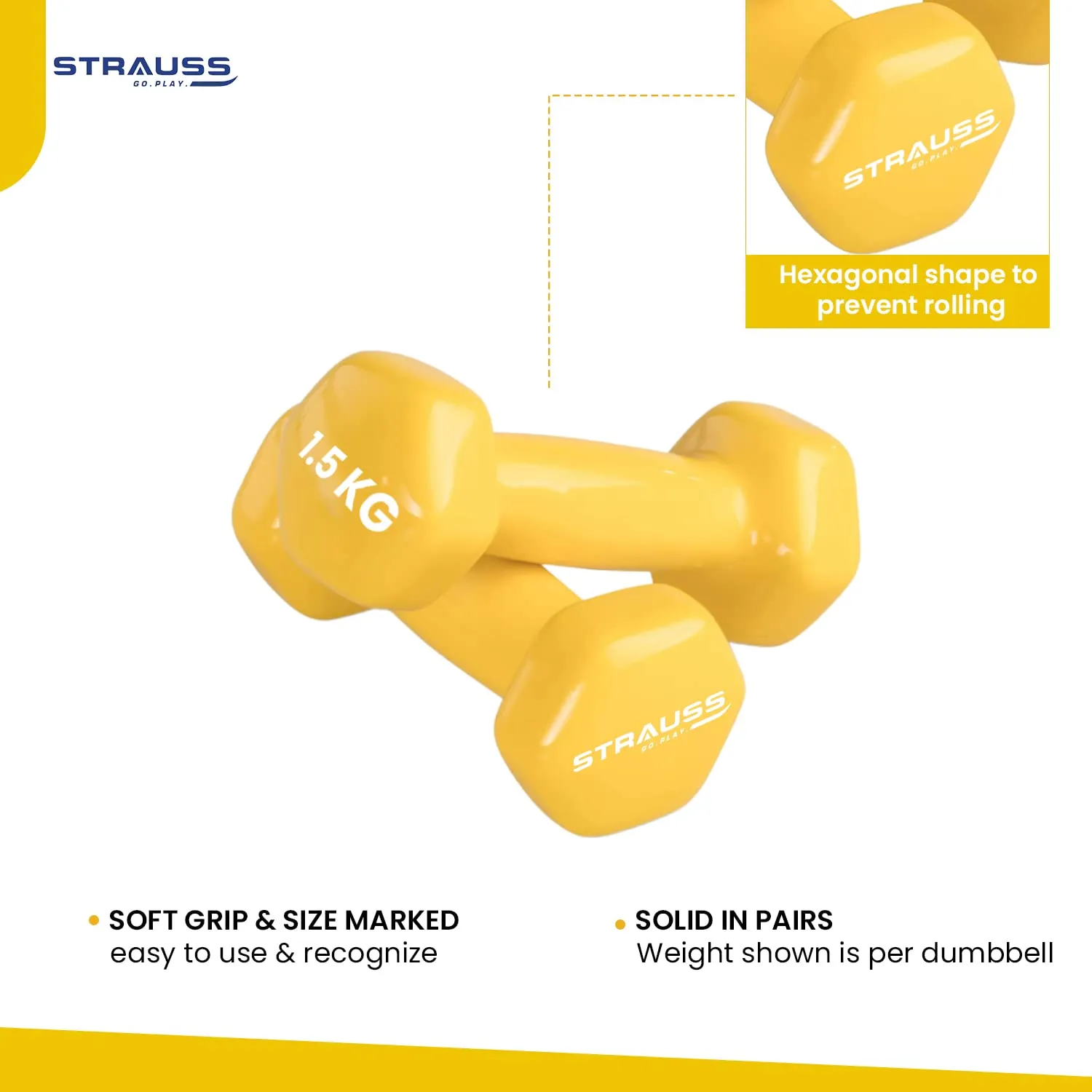 Strauss Premium Vinyl Dumbbells Weight for Men & Women | 1.5 Kg (Each) | 3 Kg (Pair) | Ideal for Home Workout, Yoga, Pilates, Gym Exercises | Non-Slip, Easy to Hold, Scratch Resistant (Yellow)